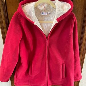 Red, Sherpa lined washable hooded fleece jacket